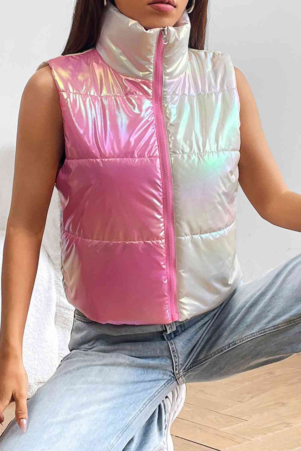 Turtleneck Color Block Sleeveless Vest Trendsi