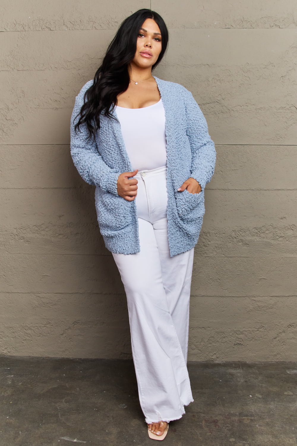 Zenana Falling For You Full Size Open Front Popcorn Cardigan Trendsi