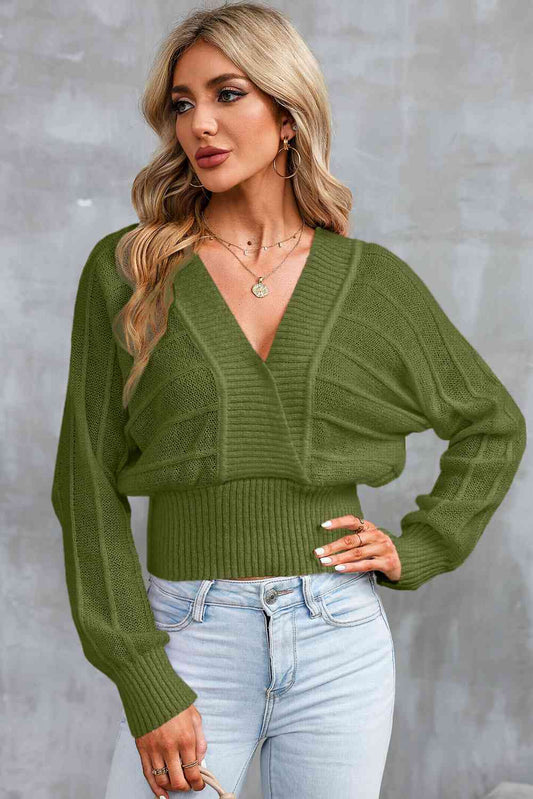 Surplice Neck Lace-Up Sweater Trendsi