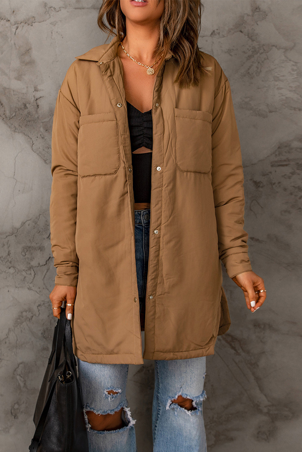 Double Take Snap Down Side Slit Jacket with Pockets Trendsi