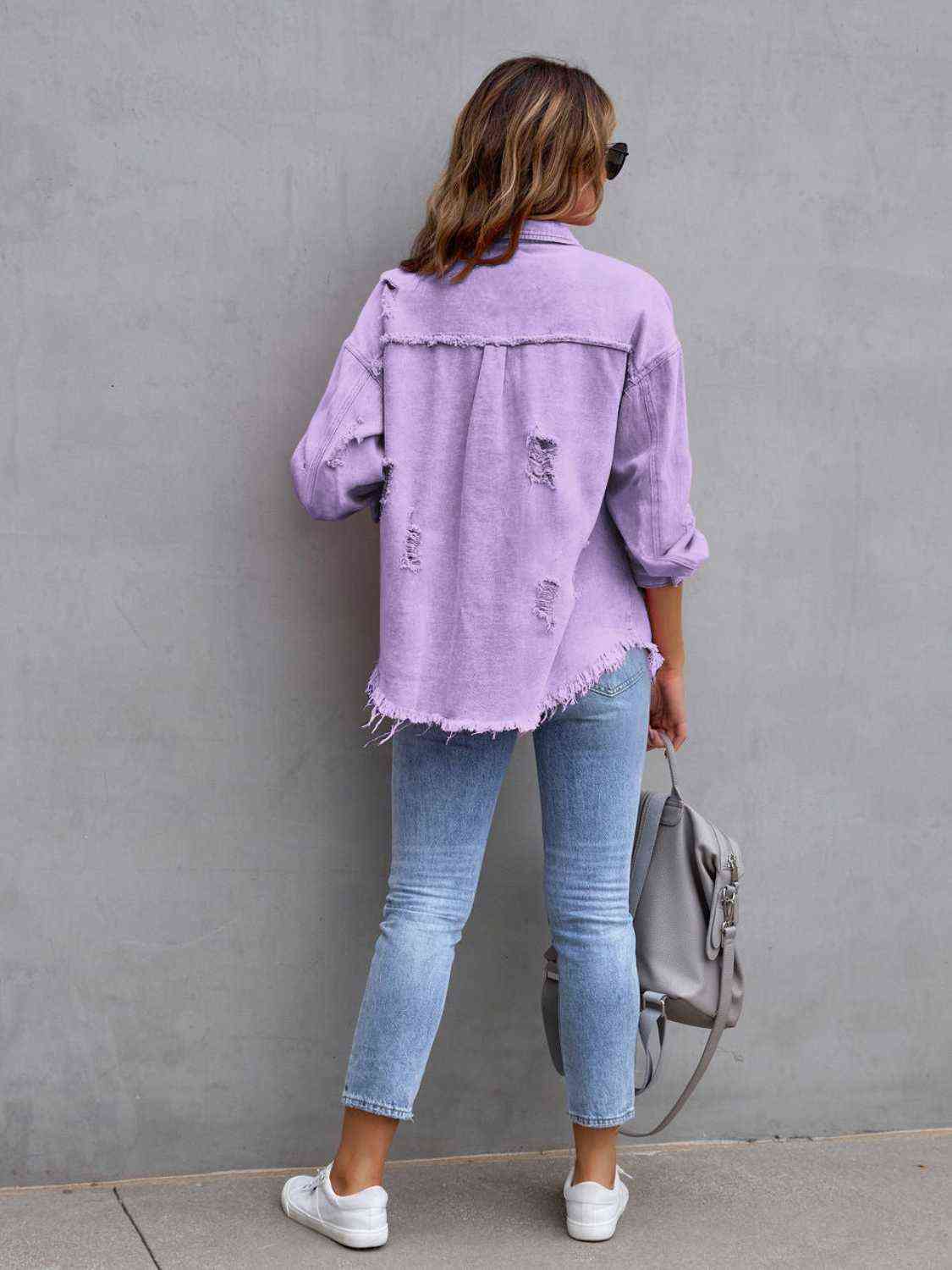 Distressed Drop Shoulder Denim Jacket  Hot Trends