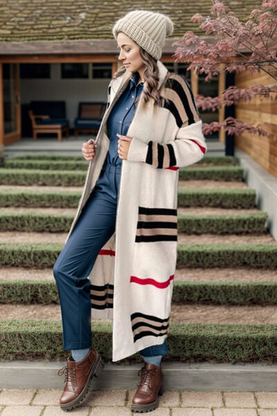 Striped Long Sleeve Longline Sweater Open Front Cardigan  Hot Trends