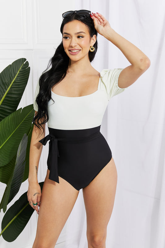 Marina West Swim Salty Air Puff Sleeve One-Piece in Cream/Black Trendsi