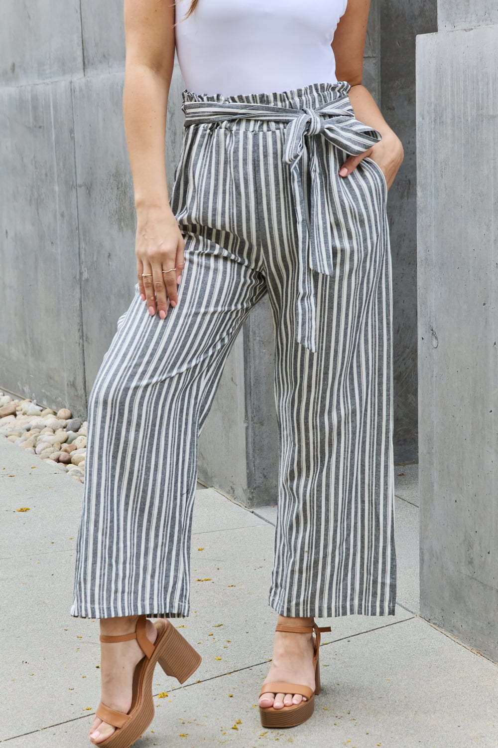 Heimish Find Your Path Full Size Paperbag Waist Striped Culotte Pants Trendsi