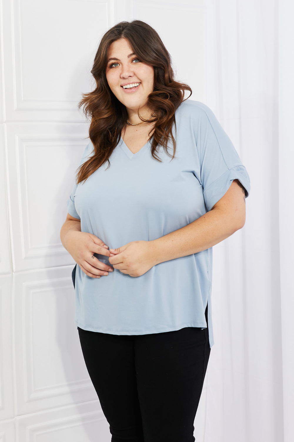 Zenana Simply Comfy Full Size V-Neck Loose Fit T-Shirt in Blue Trendsi