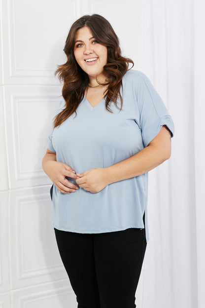 Zenana Simply Comfy Full Size V-Neck Loose Fit T-Shirt in Blue Trendsi