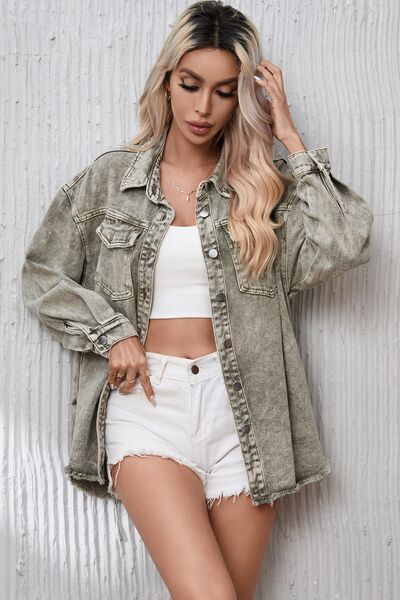 Button Up Pocketed Raw Hem Denim Jacket  Hot Trends