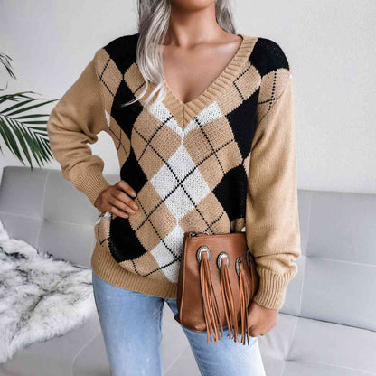 Geometric V-Neck Sweater Women  Hot Trends