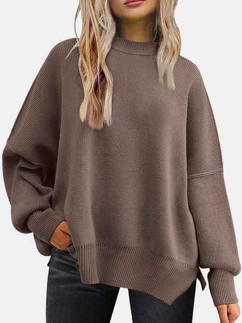 Round Neck Drop Shoulder Slit Sweater Trendsi