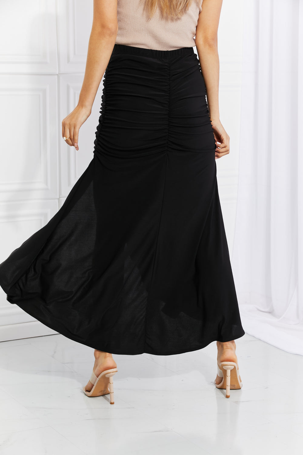 White Birch Full Size Up and Up Ruched Slit Maxi Skirt in Black Trendsi