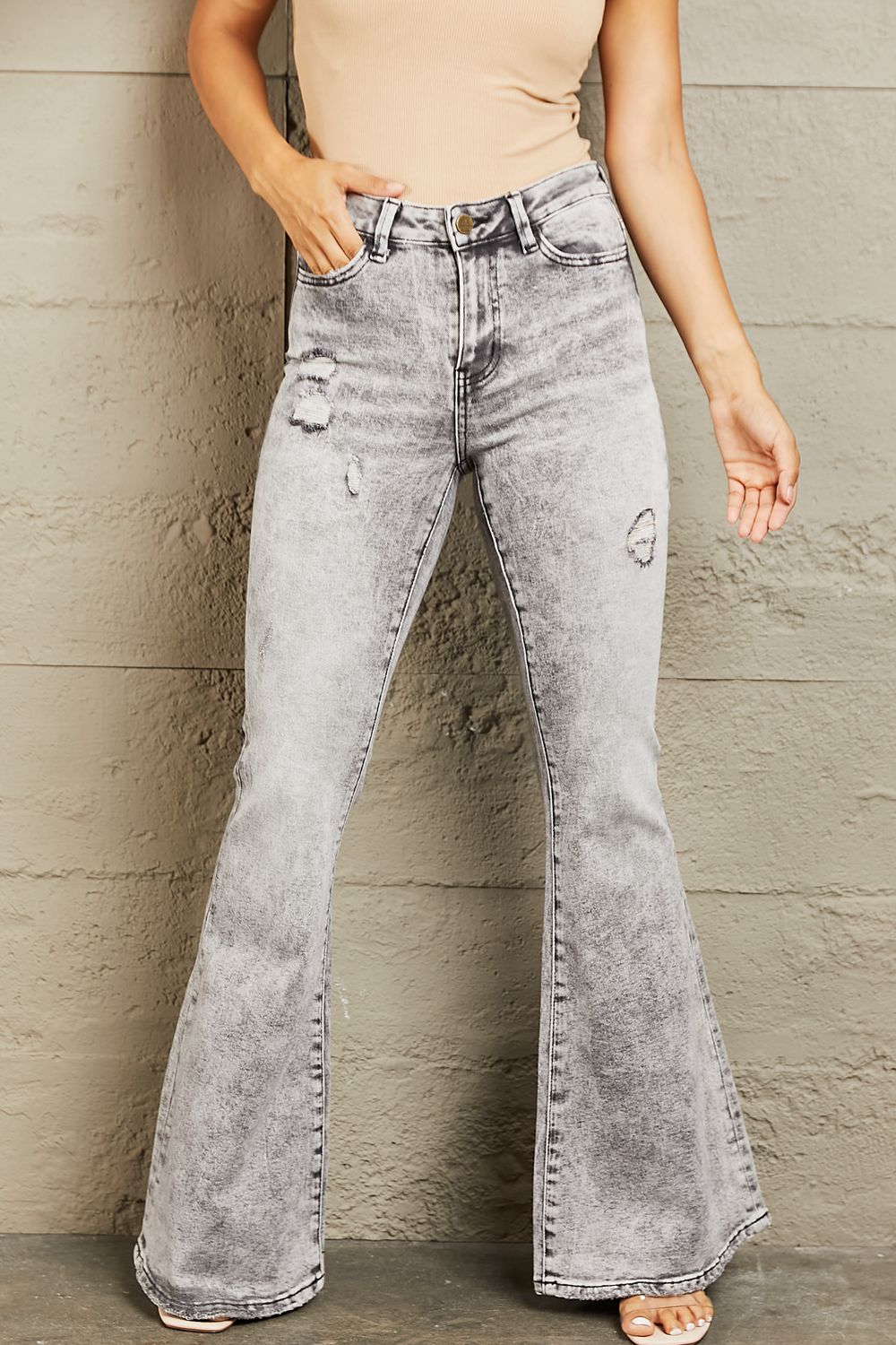 BAYEAS High Waisted Acid Wash Flare Jeans Trendsi
