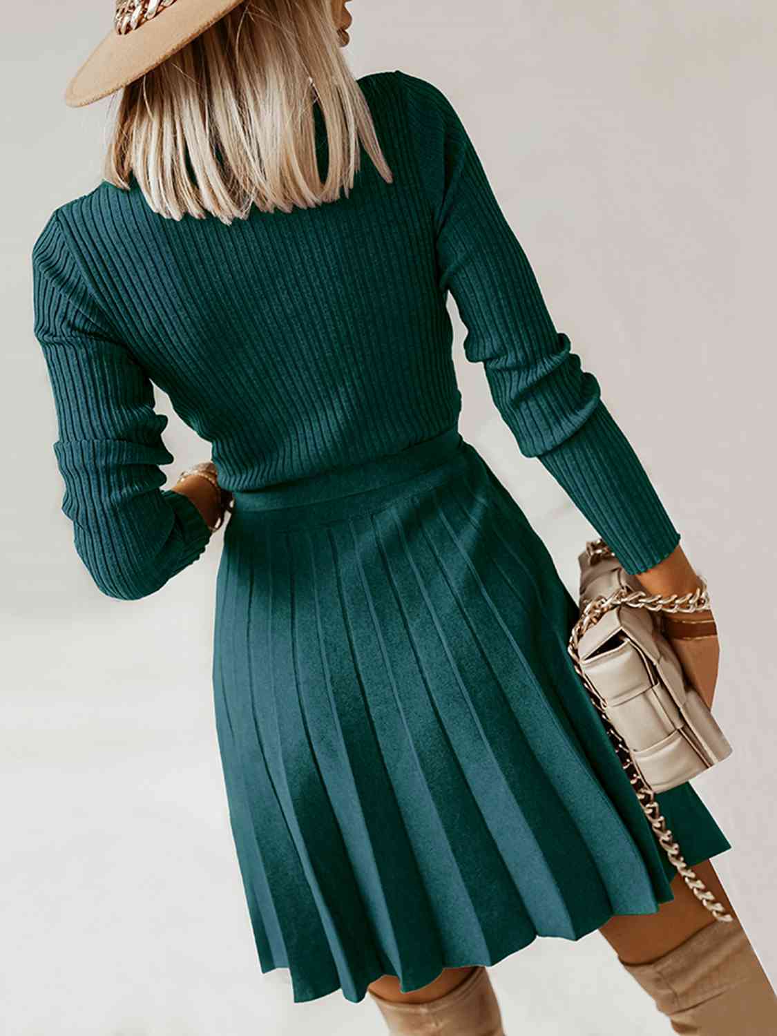 Surplice Neck Tie Front Pleated Sweater Dress Trendsi