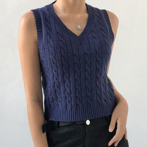 Cable-knit V-Neck Sweater Vest Trendsi