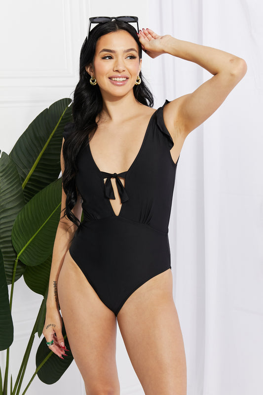 Marina West Swim Seashell Ruffle Sleeve One-Piece in Black Trendsi