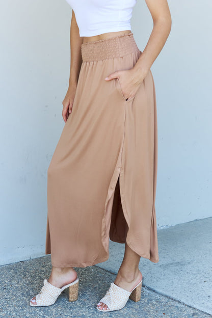 Doublju Comfort Princess Full Size High Waist Scoop Hem Maxi Skirt in Tan Trendsi