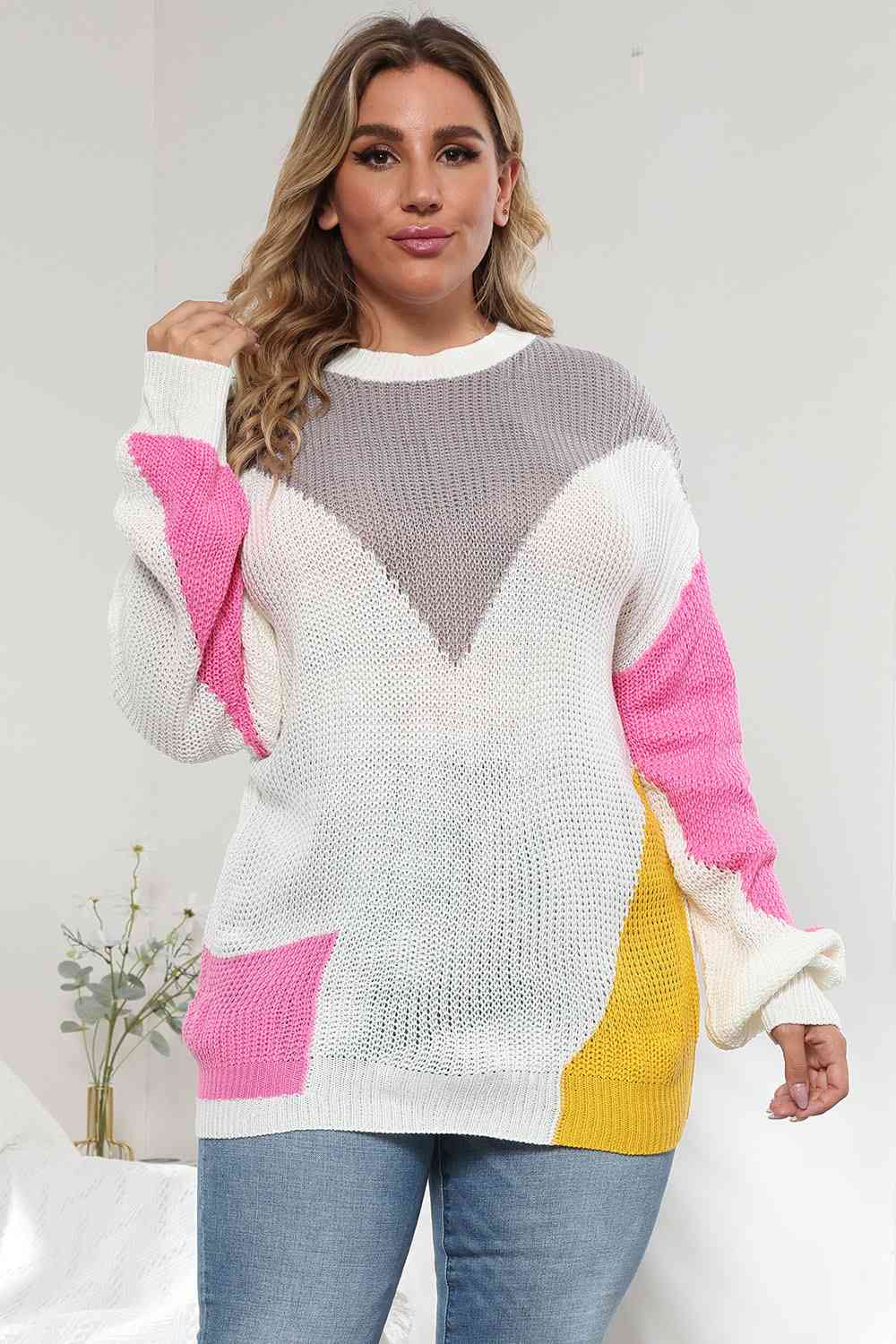 Plus Size Color Block Round Neck Sweater Trendsi