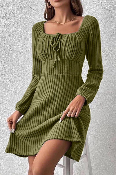 Ribbed Tied Square Neck Long Sleeve Casual Mini Dress for Women  Hot Trends