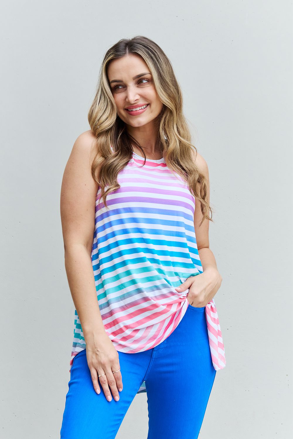 Heimish Love Yourself Full Size Multicolored Striped Sleeveless Round Neck Top Trendsi