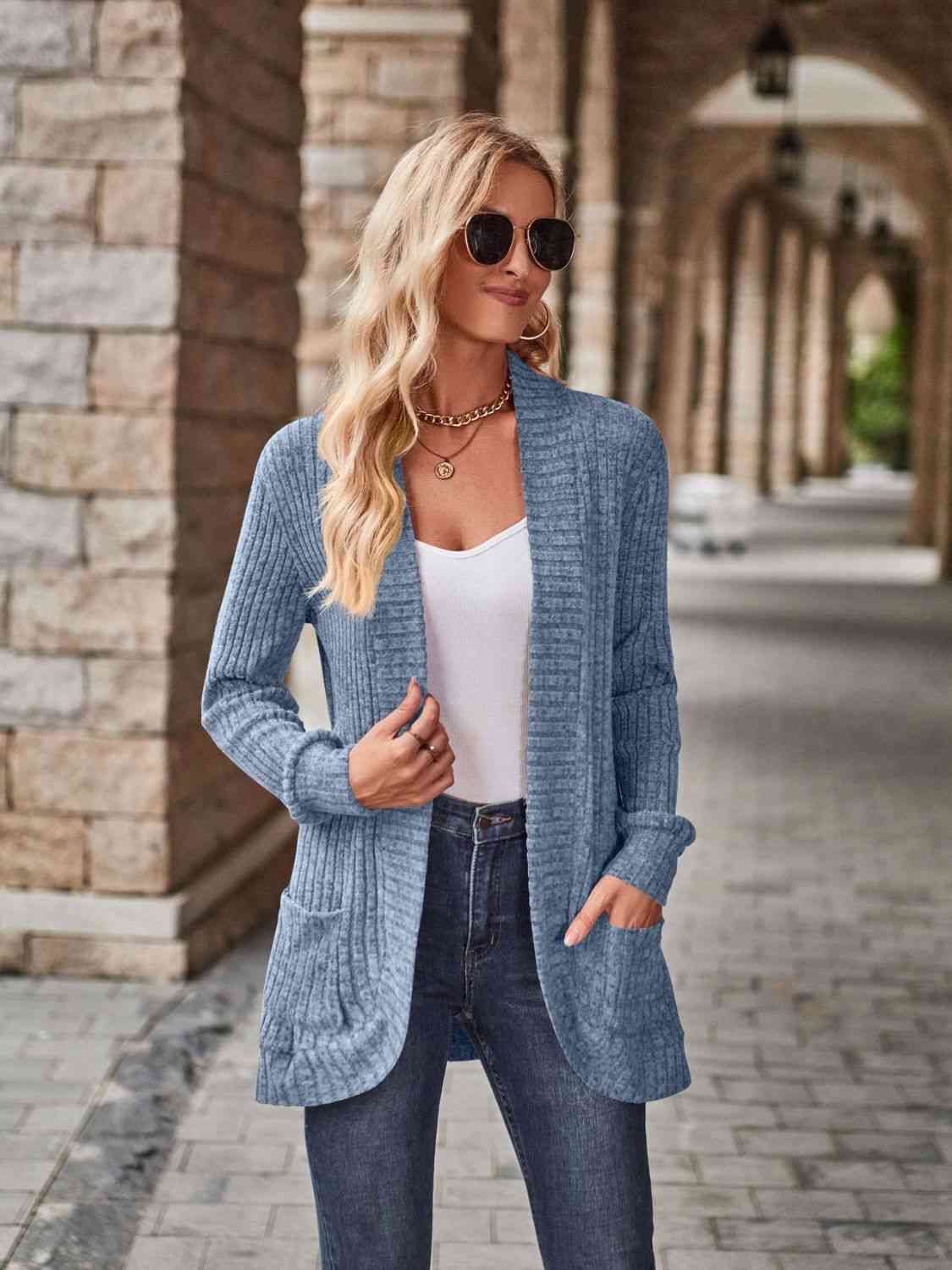 Open Front Cardigan with Pockets Trendsi