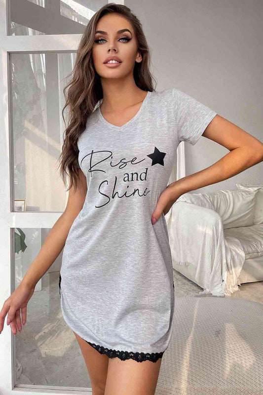 RISE AND SHINE Contrast Lace V-Neck Pajama T-Shirt Dress  Hot Trends