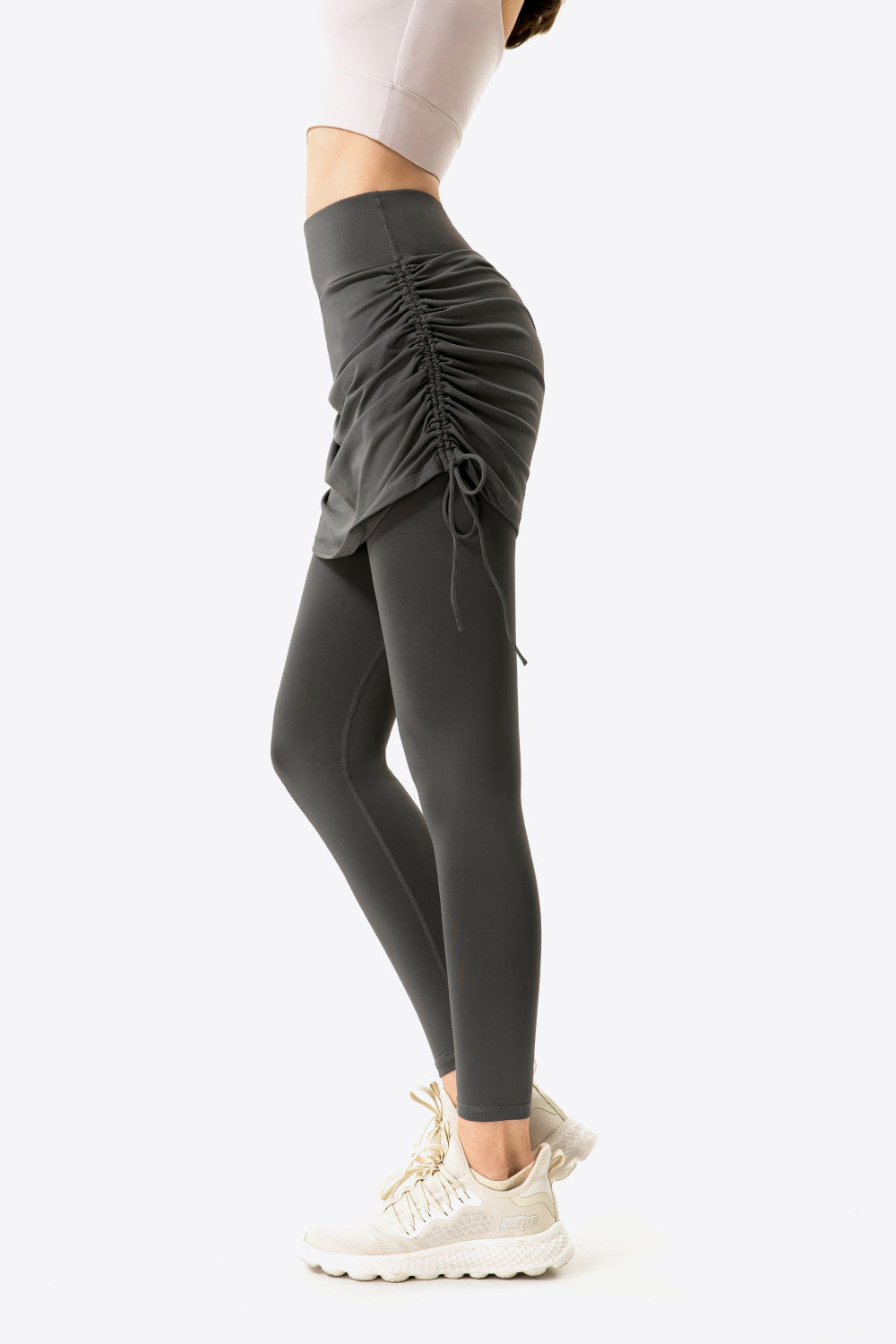 Drawstring Ruched Faux Layered Yoga Leggings Trendsi