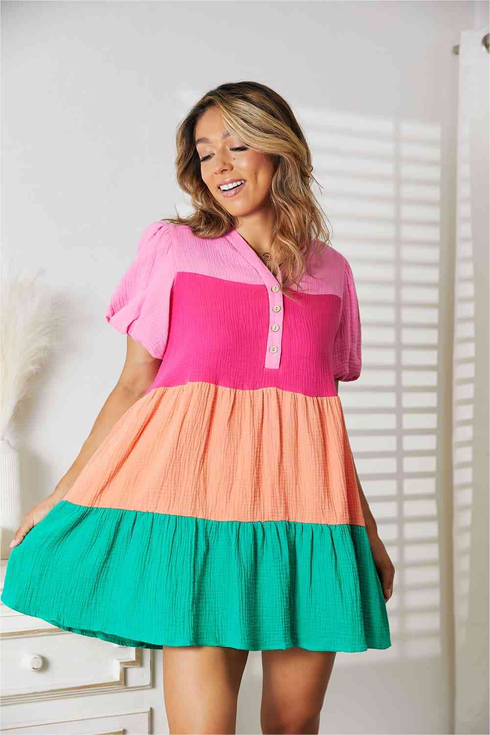 Double Take Color Block Buttoned Puff Sleeve Casual Dress for Women  Hot Trends