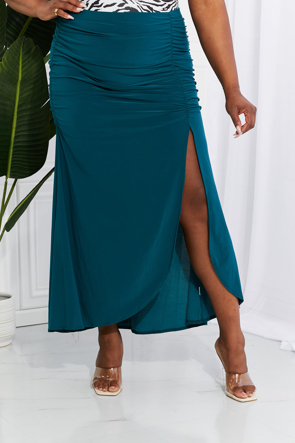 White Birch Full Size Up and Up Ruched Slit Maxi Skirt in Teal Trendsi