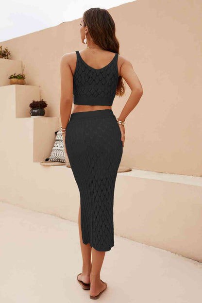 Openwork Cropped Tank and Split Skirt Set  Hot Trends