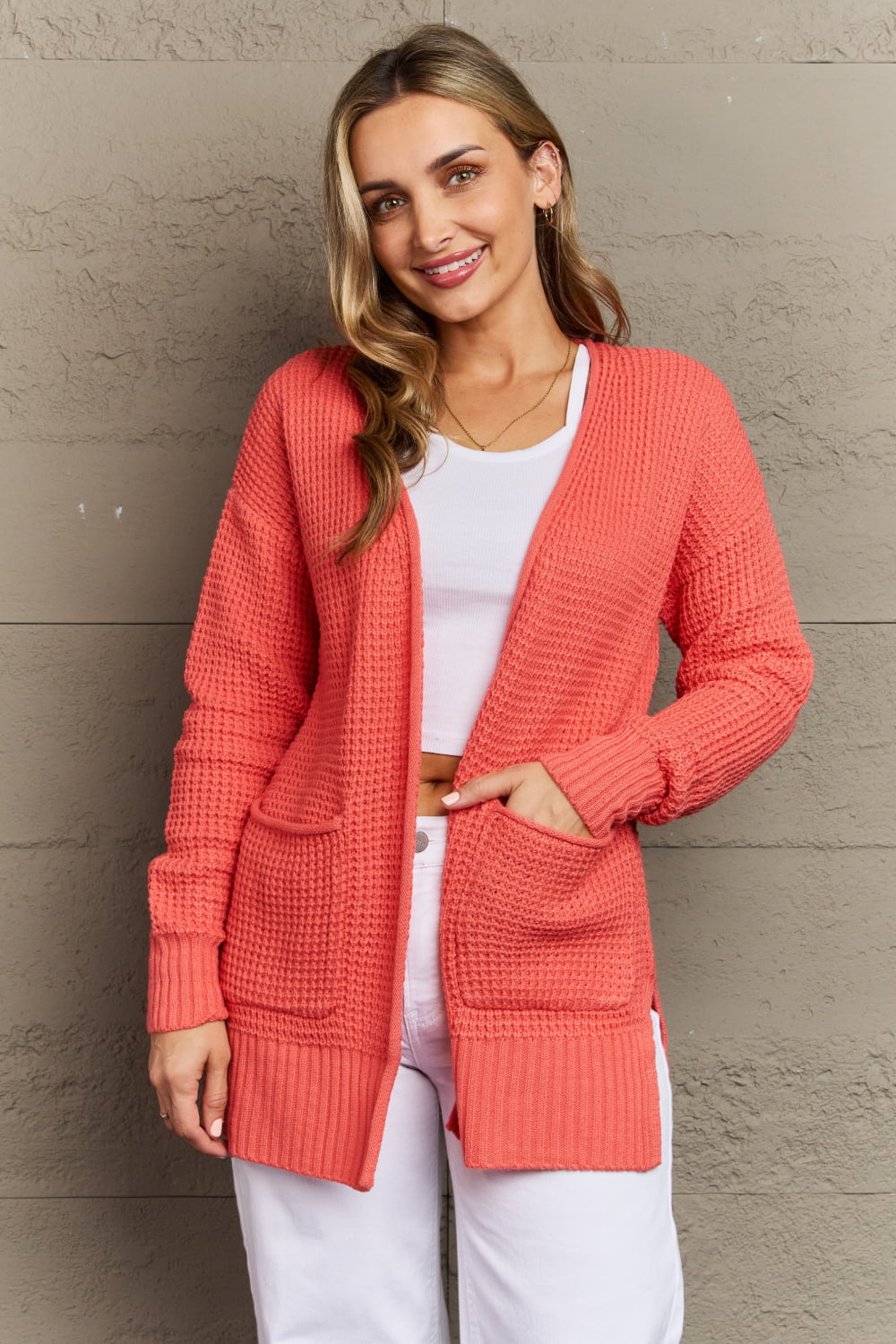 Zenana Bright & Cozy Full Size Waffle Knit Cardigan Trendsi