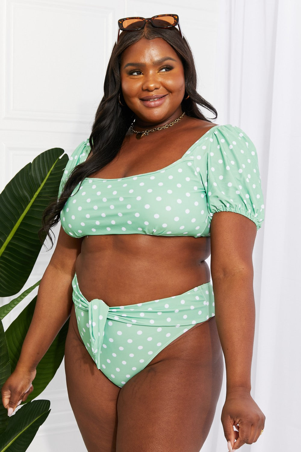 Marina West Swim Vacay Ready Puff Sleeve Bikini in Gum Leaf Trendsi