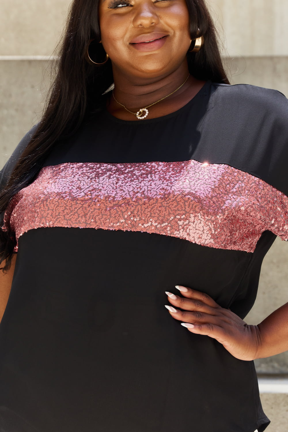 Sew In Love Shine Bright Full Size Center Mesh Sequin Top in Black/Mauve Trendsi