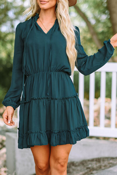 Frill Tie Neck Balloon Long Sleeve Casual Dress for women  Hot Trends