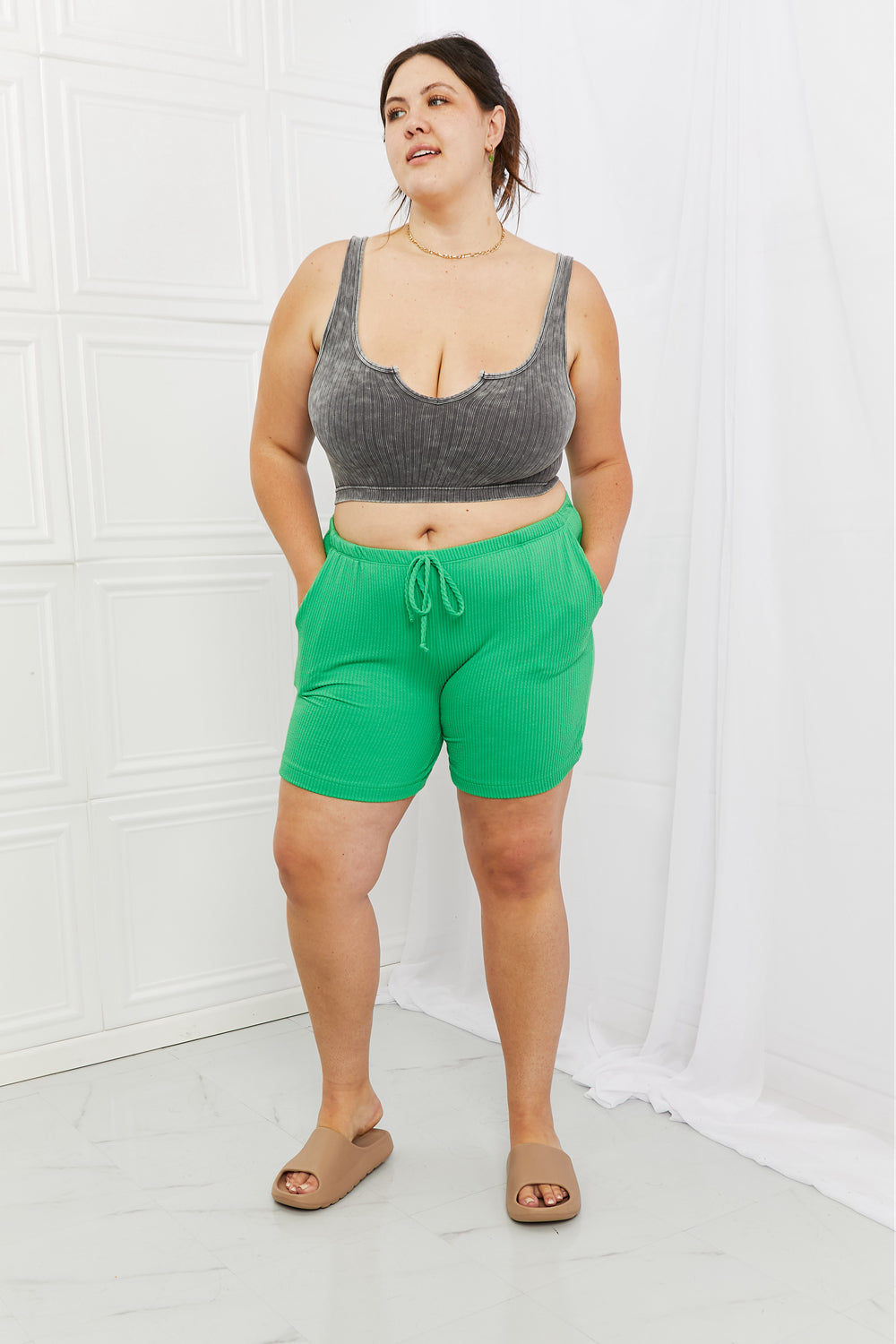 Blumin Apparel Too Good Full Size Ribbed Shorts in Green Trendsi