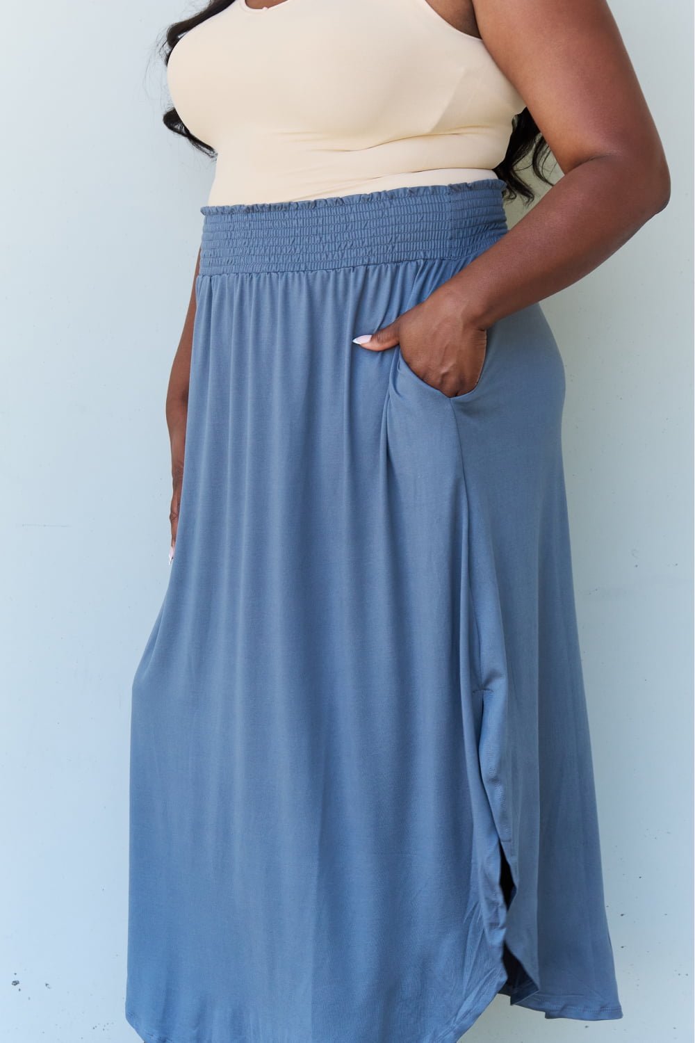 Doublju Comfort Princess Full Size High Waist Scoop Hem Maxi Skirt in Dusty Blue Trendsi