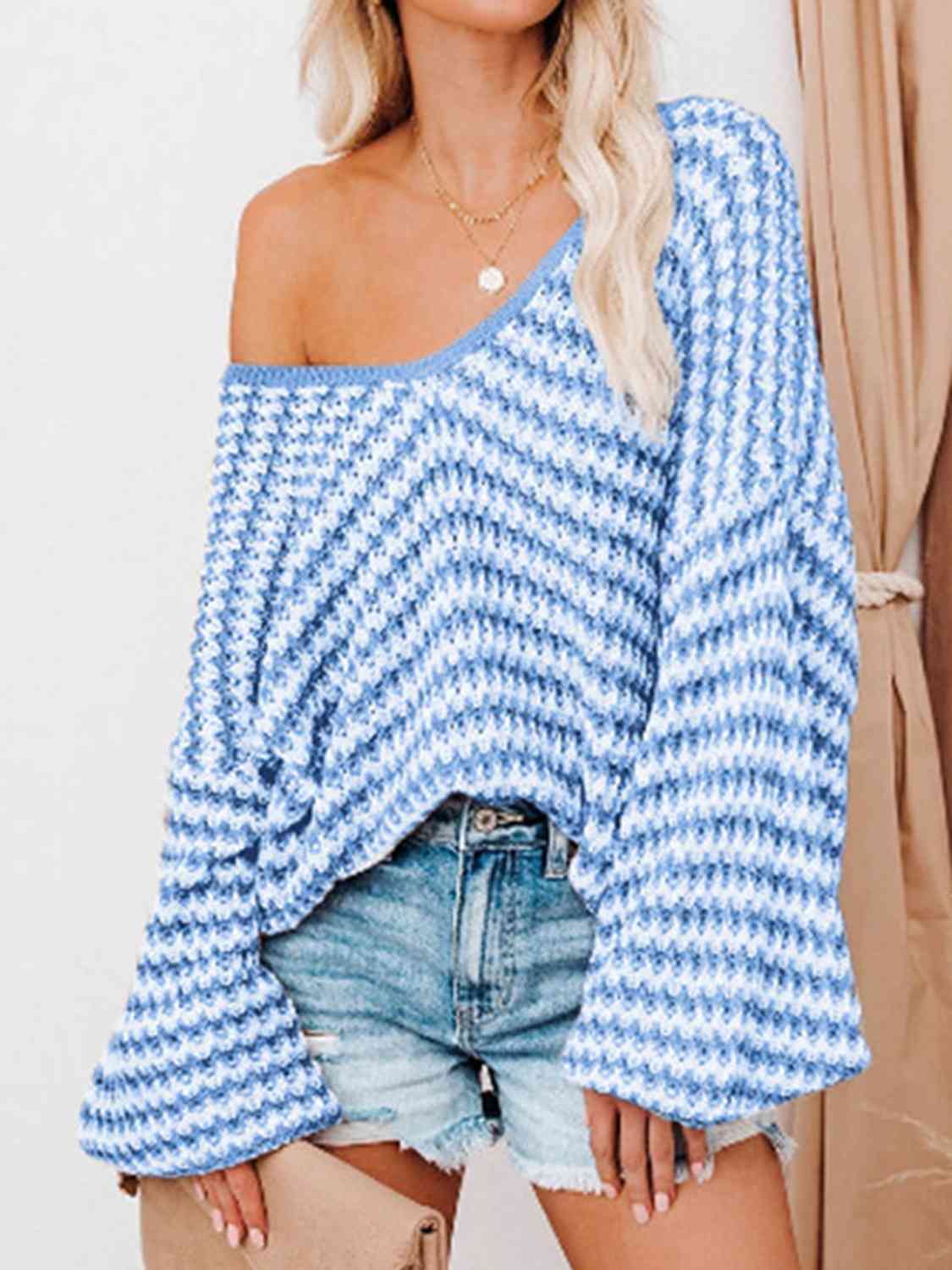 Striped Drop Shoulder V-Neck Sweater Women  Hot Trends