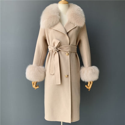 Real Fur Collar Woolen Adjustable Waist Slim Long Women's Overcoat Jacket Hot Trends