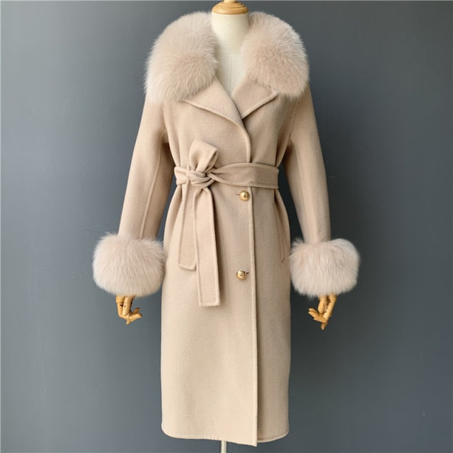 Real Fur Collar Woolen Adjustable Waist Slim Long Women's Overcoat Jacket - Hot Trends Online