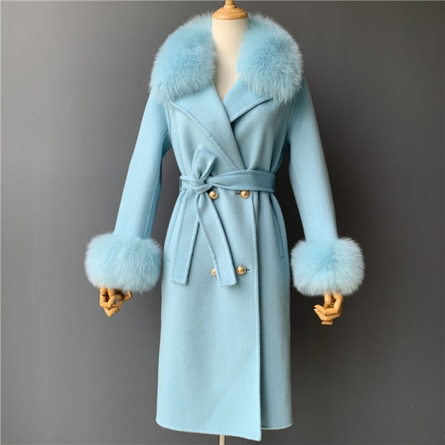 Real Fur Collar Woolen Adjustable Waist Slim Long Women's Overcoat Jacket - Hot Trends Online