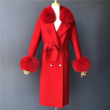 Real Fur Collar Woolen Adjustable Waist Slim Long Women's Overcoat Jacket Hot Trends