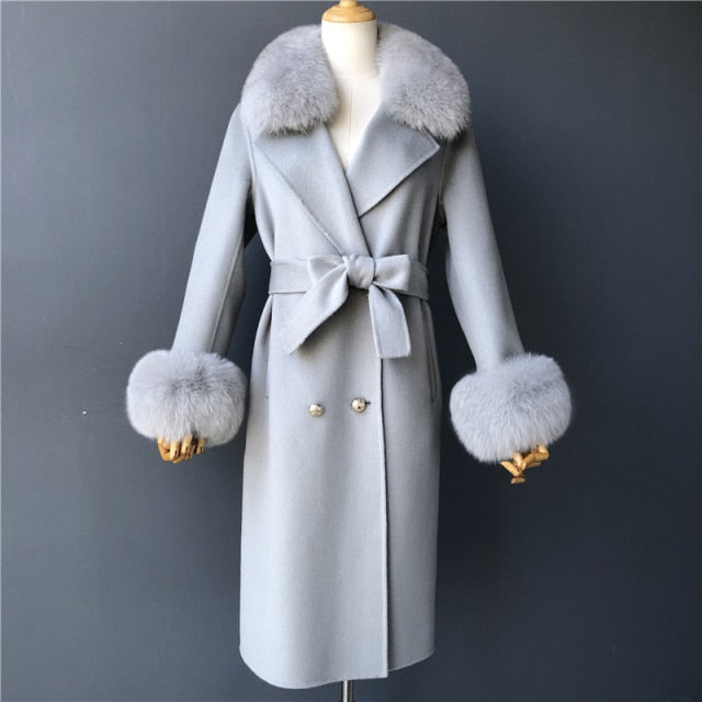 Real Fur Collar Woolen Adjustable Waist Slim Long Women's Overcoat Jacket - Hot Trends Online