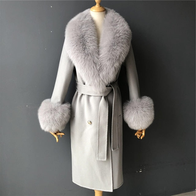 Real Fur Collar Woolen Adjustable Waist Slim Long Women's Overcoat Jacket - Hot Trends Online