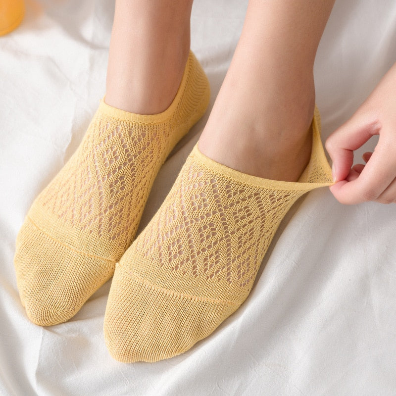 5 Pairs/Set Women Silicone non-slip invisible Solid Color Mesh Ankle Boat  Cotton Socks Hot Trends