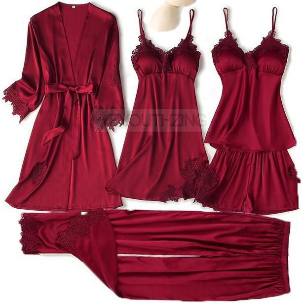 Pajama Set Women Lace Trim Satin Sleepwear Pyjamas Nightwear With Pants Hot Trends