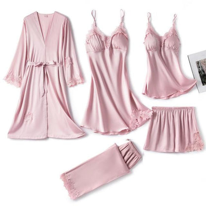 5PC Silk Robe Sleep Suit Women's Lace Satin Pajamas Gown Set V-Neck Cami Nighties Wear Pijama Hot Trends