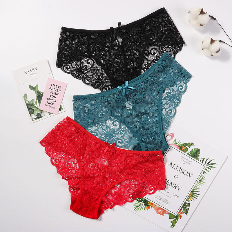 3pcs/Pack Sexy Women Lace Panties Underwear Lace  Briefs S M L XL Transparent  Floral Bow Soft Lingerie Hot Trends