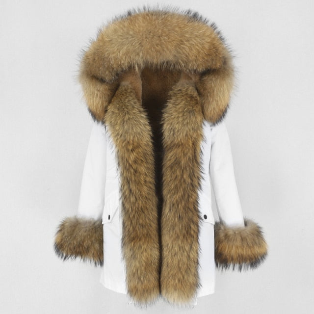 Women Real Fur Hood Coat Natural Real Fox Fur Collar Loose Long Parkas Big Fur Outerwear Detachable Hot Trends