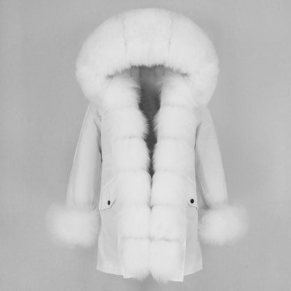 Women Real Fur Hood Coat Natural Real Fox Fur Collar Loose Long Parkas Big Fur Outerwear Detachable Hot Trends