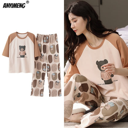 Cartoon Cotton Pajamas for Women Long Pants Short Sleeved Summer Spring Loungewear Hot Trends