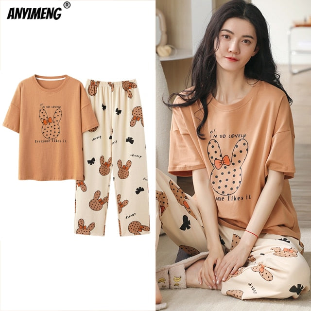 Cartoon Cotton Pajamas for Women Long Pants Short Sleeved Summer Spring Loungewear Hot Trends